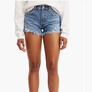 Levi 501 original cutoff denim shorts. Medium wash with distressing. Size 28.